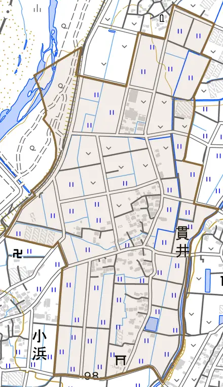 大字貫井とその周辺の地図。町の範囲を重ねている