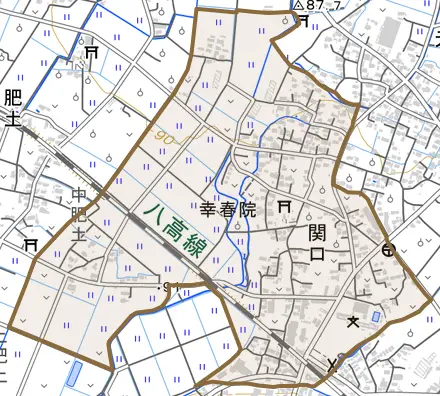 大字関口とその周辺の地図。町の範囲を重ねている