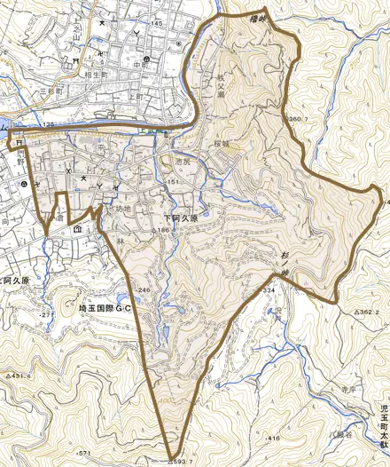 大字下阿久原とその周辺の地図。町の範囲を重ねている