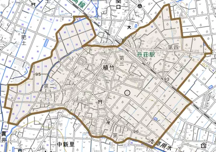 大字植竹とその周辺の地図。町の範囲を重ねている
