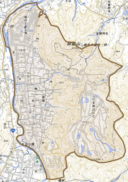 大字渡瀬とその周辺の地図。町の範囲を重ねている