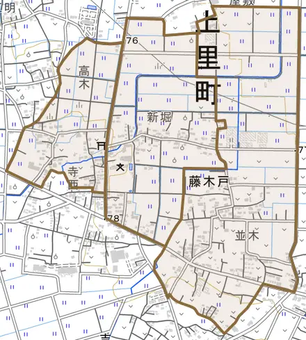 大字藤木戸とその周辺の地図。町の範囲を重ねている