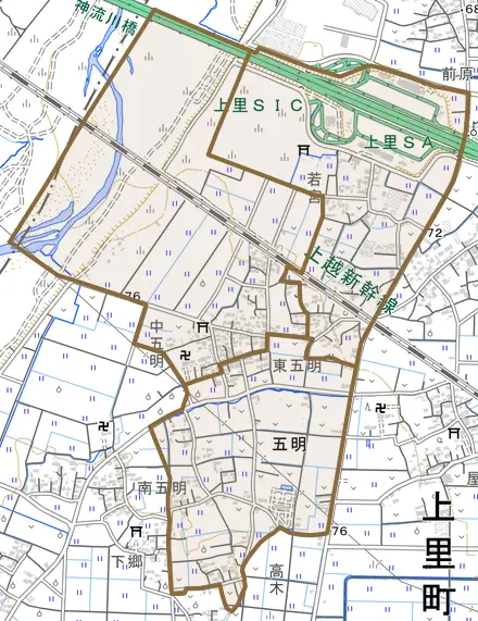 大字五明とその周辺の地図。町の範囲を重ねている