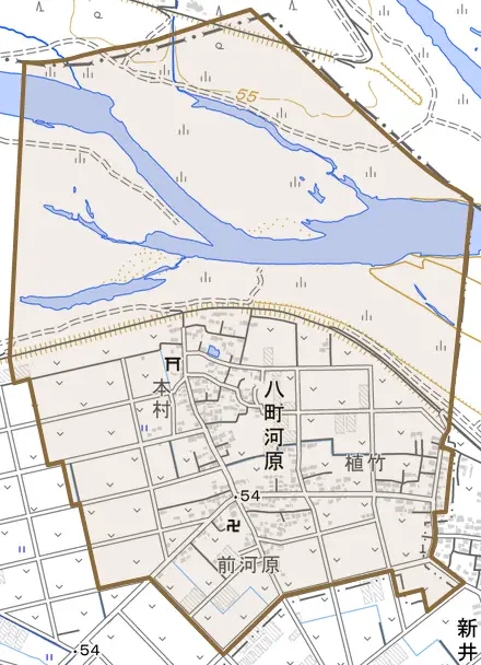 大字八町河原とその周辺の地図。町の範囲を重ねている