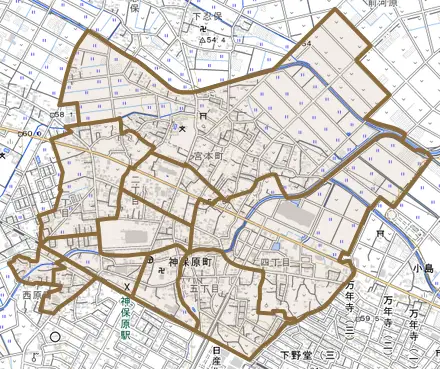 大字神保原町とその周辺の地図。町の範囲を重ねている