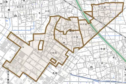 大字嘉美とその周辺の地図。町の範囲を重ねている