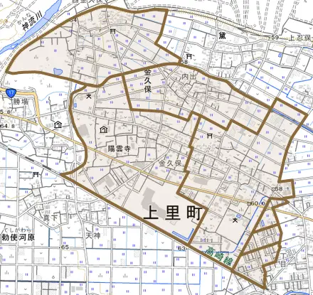 大字金久保とその周辺の地図。町の範囲を重ねている