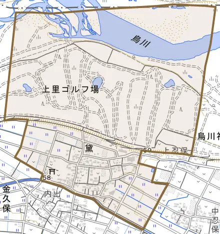 大字黛とその周辺の地図。町の範囲を重ねている