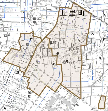 大字三町とその周辺の地図。町の範囲を重ねている