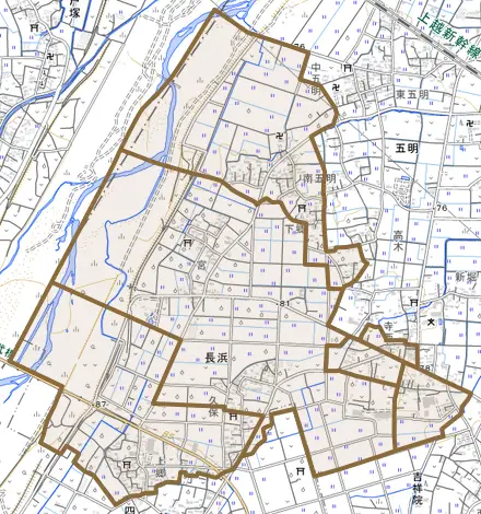 大字長浜とその周辺の地図。町の範囲を重ねている