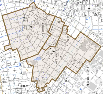 大字大御堂とその周辺の地図。町の範囲を重ねている