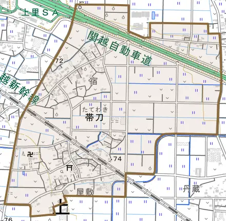 大字帯刀とその周辺の地図。町の範囲を重ねている
