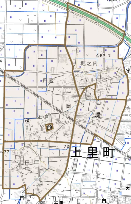 大字堤とその周辺の地図。町の範囲を重ねている