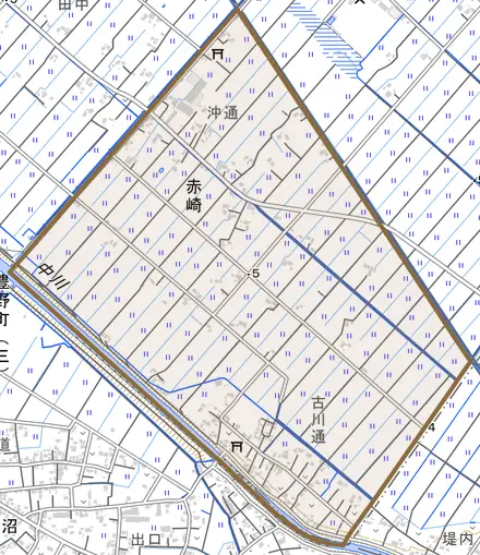 赤崎とその周辺の地図。町の範囲を重ねている