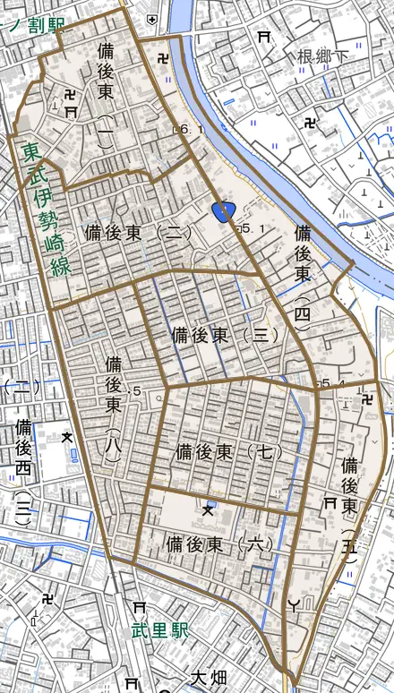 備後東とその周辺の地図。町の範囲を重ねている