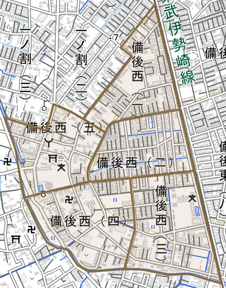 備後西とその周辺の地図。町の範囲を重ねている