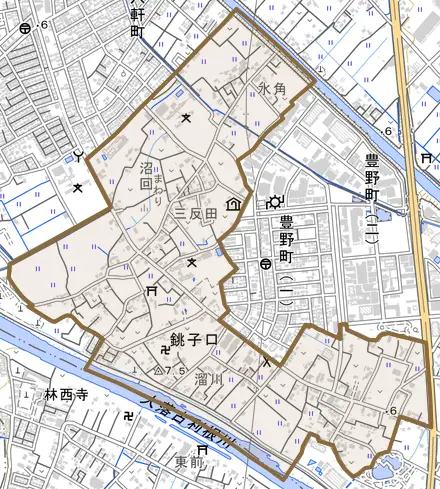 銚子口とその周辺の地図。町の範囲を重ねている