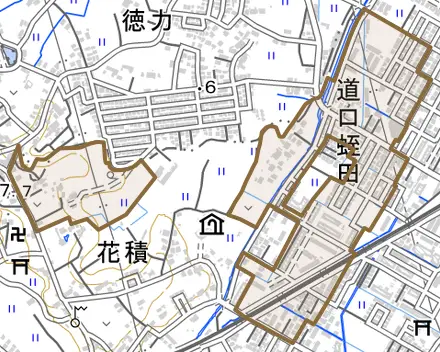 道口蛭田とその周辺の地図。町の範囲を重ねている