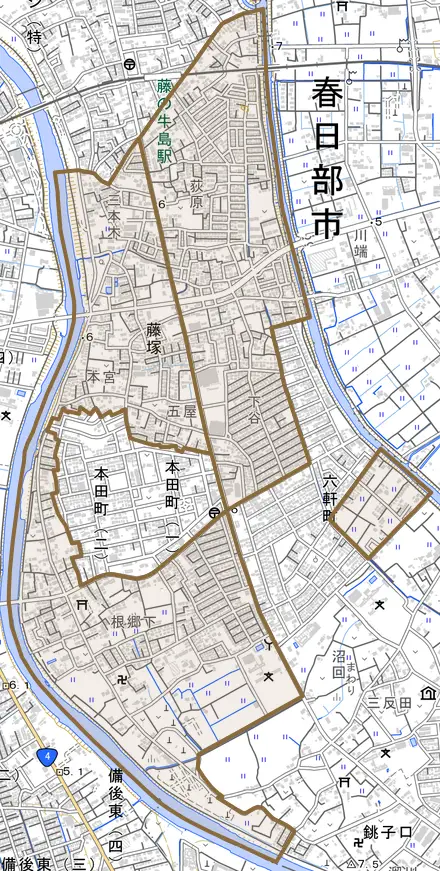 藤塚とその周辺の地図。町の範囲を重ねている