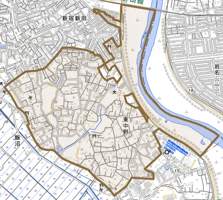 東中野とその周辺の地図。町の範囲を重ねている