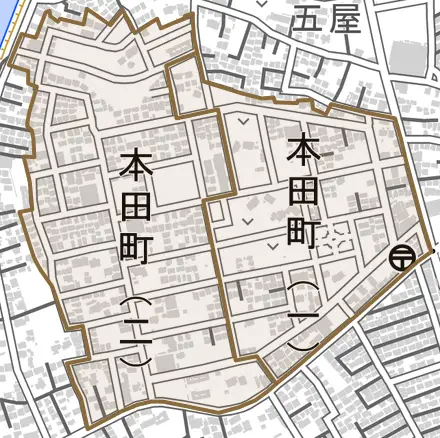 本田町とその周辺の地図。町の範囲を重ねている