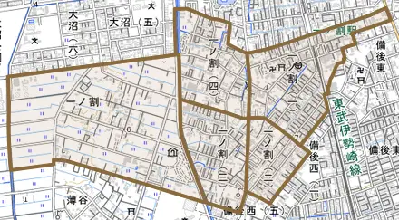 一ノ割とその周辺の地図。町の範囲を重ねている