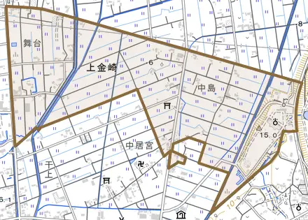 上金崎とその周辺の地図。町の範囲を重ねている