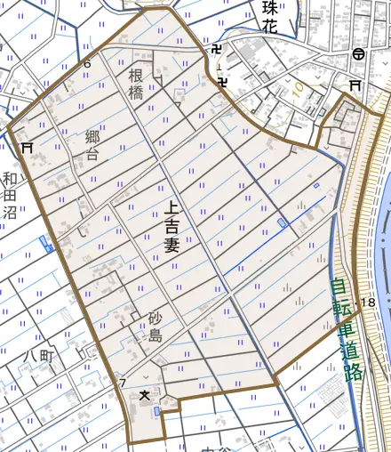 上吉妻とその周辺の地図。町の範囲を重ねている
