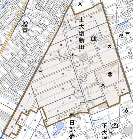 上大増新田とその周辺の地図。町の範囲を重ねている