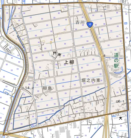 上柳とその周辺の地図。町の範囲を重ねている