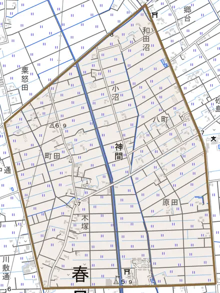 神間とその周辺の地図。町の範囲を重ねている
