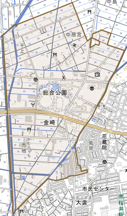 金崎とその周辺の地図。町の範囲を重ねている