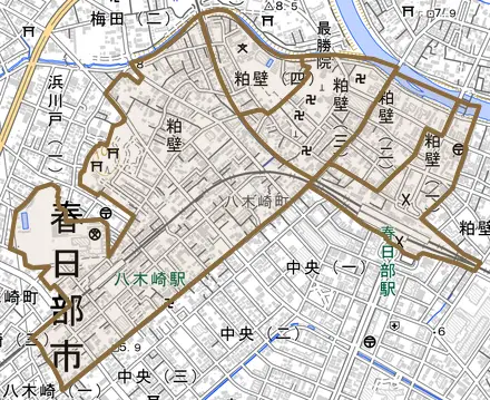 粕壁とその周辺の地図。町の範囲を重ねている