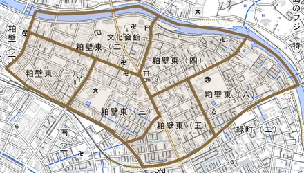 粕壁東とその周辺の地図。町の範囲を重ねている
