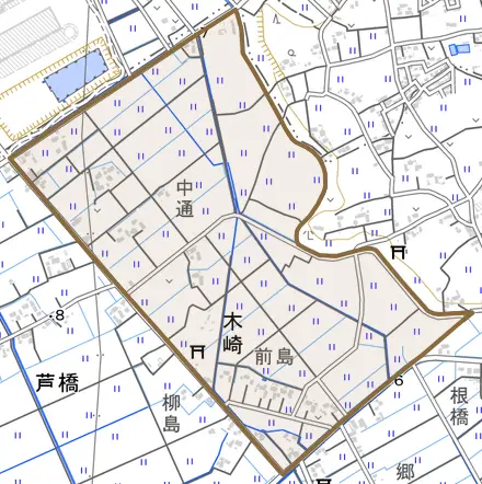 木崎とその周辺の地図。町の範囲を重ねている