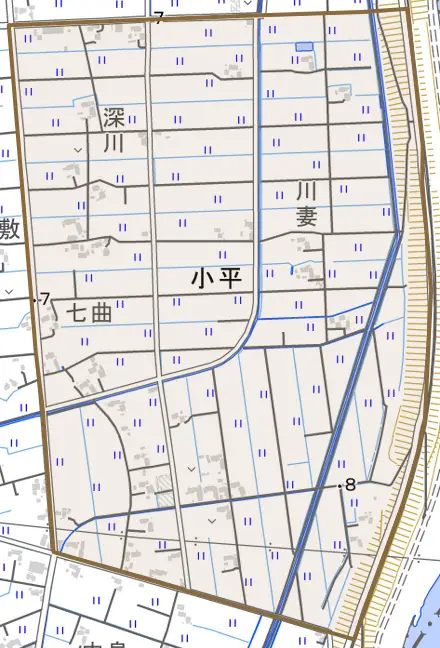 小平とその周辺の地図。町の範囲を重ねている