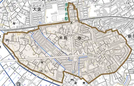 米島とその周辺の地図。町の範囲を重ねている