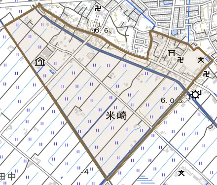 米崎とその周辺の地図。町の範囲を重ねている