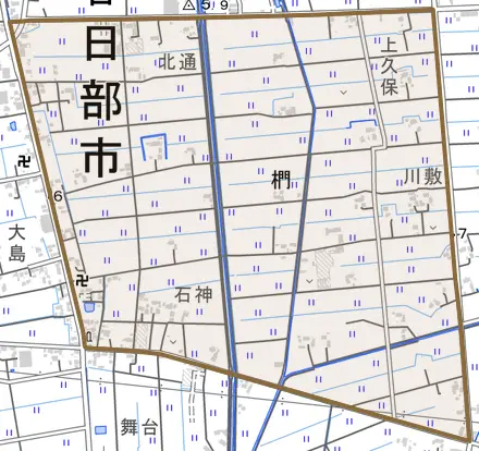 椚とその周辺の地図。町の範囲を重ねている