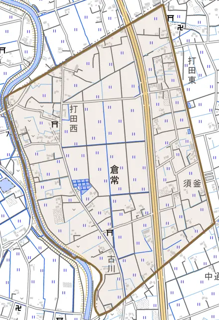 倉常とその周辺の地図。町の範囲を重ねている