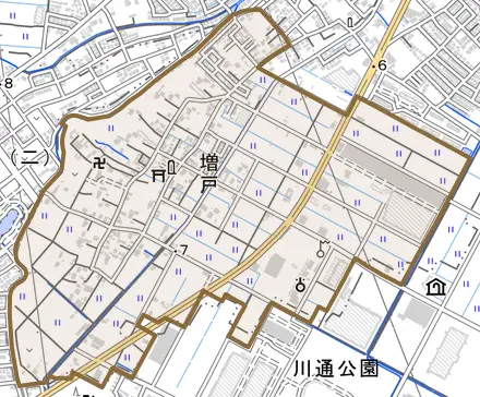 増戸とその周辺の地図。町の範囲を重ねている