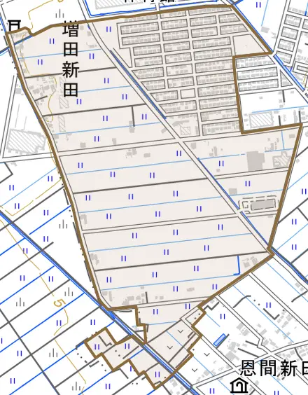 増田新田とその周辺の地図。町の範囲を重ねている