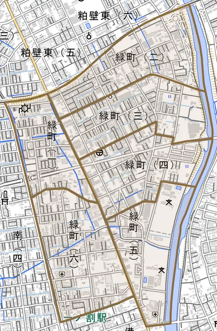 緑町とその周辺の地図。町の範囲を重ねている