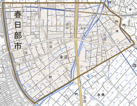 永沼とその周辺の地図。町の範囲を重ねている