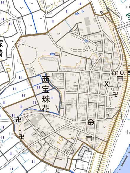 西宝珠花とその周辺の地図。町の範囲を重ねている