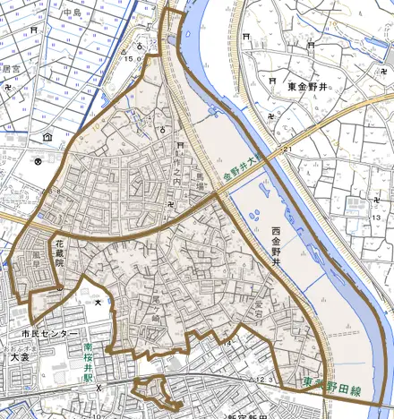西金野井とその周辺の地図。町の範囲を重ねている