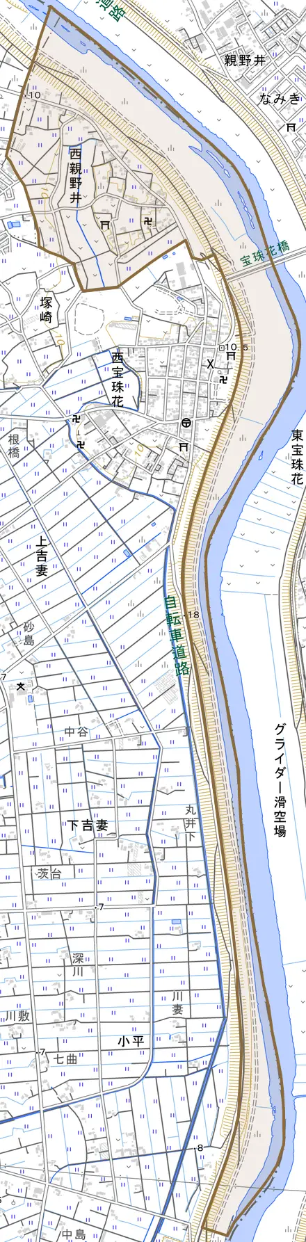 西親野井とその周辺の地図。町の範囲を重ねている