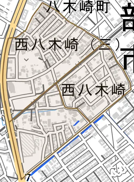 西八木崎とその周辺の地図。町の範囲を重ねている