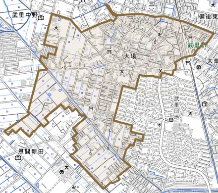 大場とその周辺の地図。町の範囲を重ねている
