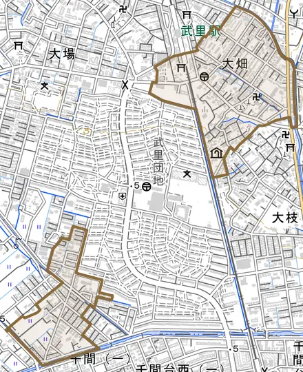 大畑とその周辺の地図。町の範囲を重ねている